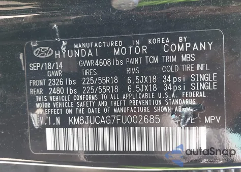 2015 Hyundai Tucson Limited из США, поврежденный, VIN KM8JUCAG7FU002685